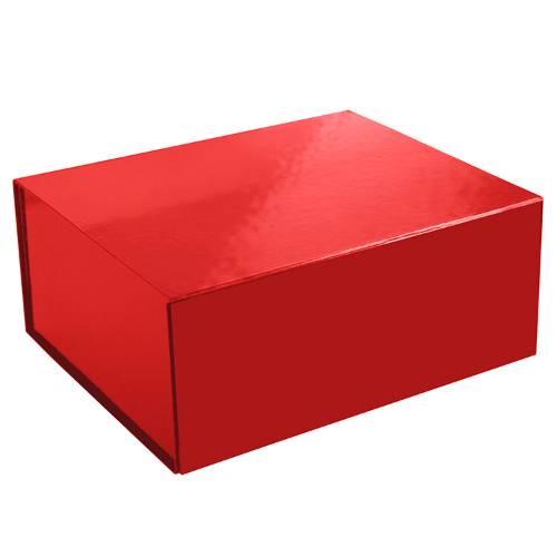 Deep red magnetic gift box — rectangular rigid box shown closed, high-gloss red laminate with magnetic front flap closure
