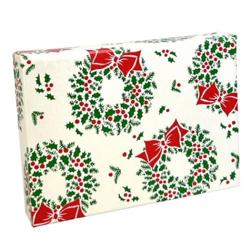 Red and Green Wreath gift card box closed — white box patterned with green holly wreaths topped by bright red bows