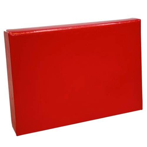 Red Ice gift card box shown closed — slim rectangular pop-up box in bright glossy cherry red with a lacquered shine