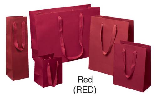 Red Manhattan shopping bags in matte uncoated paper with flat woven cotton-twill handles, shown in multiple sizes