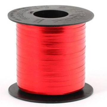 Red metallic curling ribbon on a cylindrical spool — shiny foil polypropylene, 3/16" width, 250 yards
