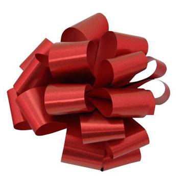 Red 5" metallic tone pre-notched bow — shiny woven ribbon loops with notched ends, 5" diameter, 100 per case