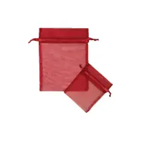 Red organza bag 3x4 - sheer drawstring pouch in a clear true-red weave, shown upright with a second bag laid in front
