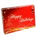 Red Ornament gift card box closed — festive red with gold Happy Holidays script, sparkling tree, swirls and hanging ornaments
