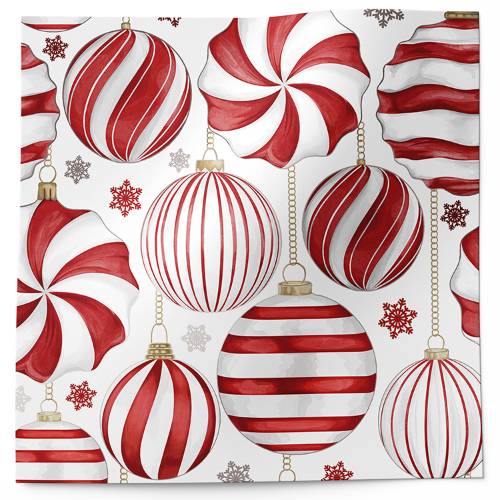 Red and white ornaments tissue paper with bold striped peppermint ornaments on white