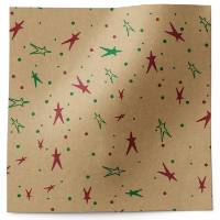 Red and Green Stars on Kraft Printed Tissue Paper — Scattered small red and green primitive star shapes on natural kraft b...