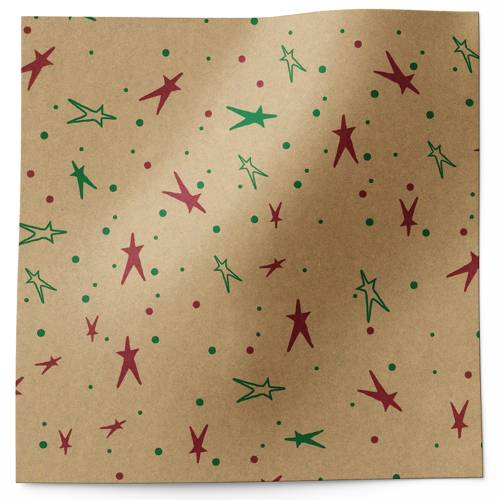 Red and Green Stars on Kraft Printed Tissue Paper — Scattered small red and green primitive star shapes on natural kraft b...