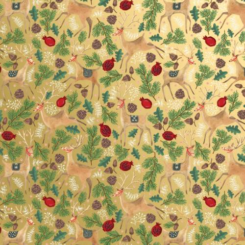 Reindeer Tapestry Gold Gift Wrap Paper - dense golden tapestry of reindeer, holly, and winter foliage on a warm gold background