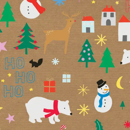 Rob Gift Wrap Paper with cut paper polar bears, reindeer, snowmen, and houses on natural kraft