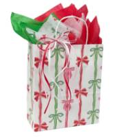 Rows of Bows Paper Shopping Bags — white kraft with repeating rows of red, green, and gold gift bows, twisted handles, cub
