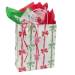 Rows of Bows Paper Shopping Bags — white kraft with repeating rows of red, green, and gold gift bows, twisted handles, cub