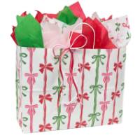 Rows of Bows Paper Shopping Bags — white kraft with repeating rows of red, green, and gold gift bows, twisted handles, large