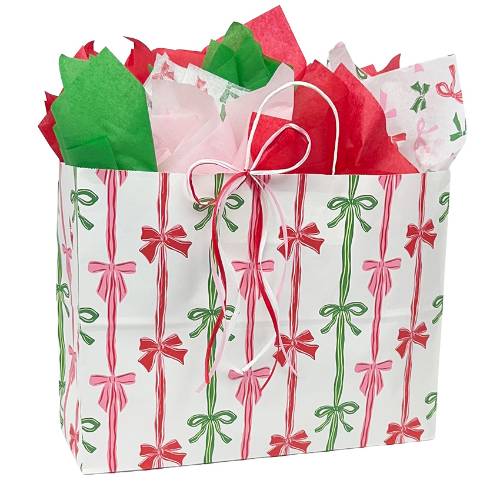 Rows of Bows Paper Shopping Bags — white kraft with repeating rows of red, green, and gold gift bows, twisted handles, large