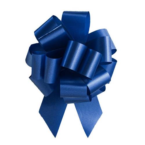 Royal Blue pom style pull bow shown fully gathered, with looped smooth poly ribbon and two pointed tail streamers