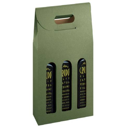 Sage Groove 3-bottle carrier — sage-green textured olive oil gift box with 3 windows and a die-cut carry handle