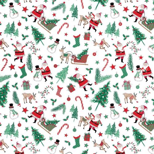 Santa Season Gift Wrap Paper - Santas, reindeer, Christmas trees, and gifts scattered on a cream background