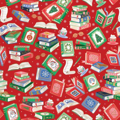 Santas Library Gift Wrap Paper - stacked books, Santa hats, and a cozy Christmas library theme on a green background