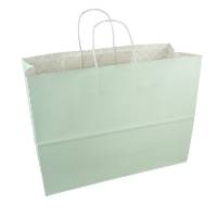 White paper shopping bag with seafoam green print and twisted paper handles