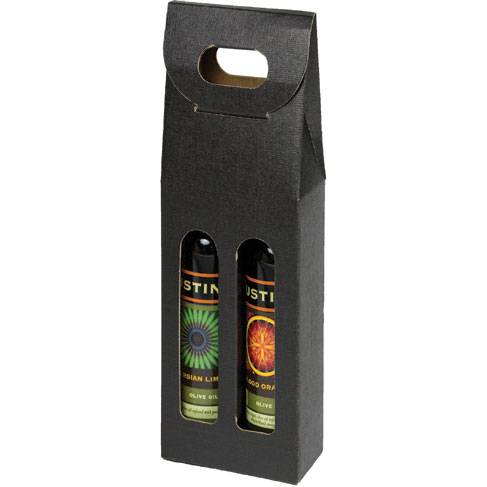 Seta Nero 2-bottle carrier — black linen-embossed olive oil gift box with 2 windows and a die-cut carry handle