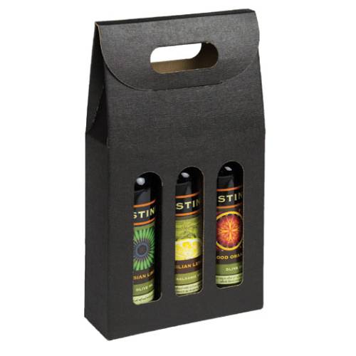 Seta Nero 3-bottle carrier — black linen-embossed olive oil gift box with 3 windows and a die-cut carry handle