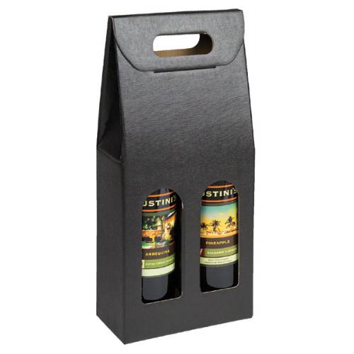 Seta Nero 2-bottle carrier — black linen-embossed olive oil gift box with 2 windows and a die-cut carry handle