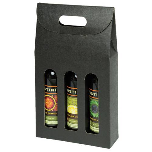 Seta Nero 3-bottle carrier — black linen-embossed olive oil gift box with 3 windows and a die-cut carry handle