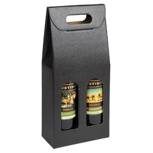 Seta Nero 2-bottle carrier — black linen-embossed olive oil gift box with 2 windows and a die-cut carry handle