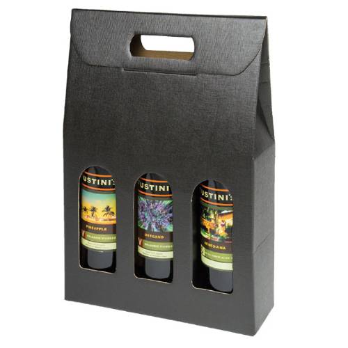 Seta Nero 3-bottle carrier — black linen-embossed olive oil gift box with 3 windows and a die-cut carry handle