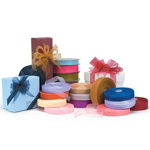 Wholesale sheer organza ribbon spools in assorted colors, 7/8 inch wide, 100% nylon with iridescent sheen