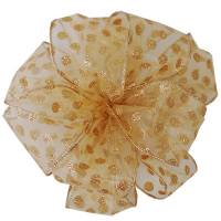 Sheer gold organza wired ribbon tied into a full bow, scattered with gold glitter polka dots and fine gold edges