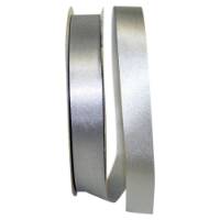 Silver Dyna Satin ribbon on a flat spool — single-face satin with taffeta back, 7/8" width, 100 yards