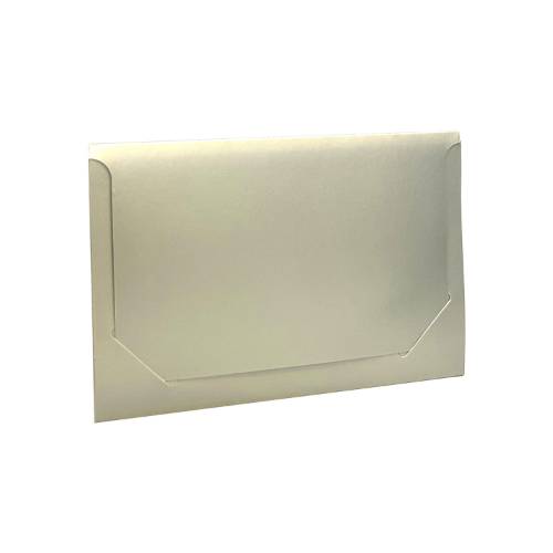 Silver Ice gift card folder 5" x 3 3/8" x 1/8" — slim tuck-close sleeve, solid pearlescent silver, holds a standard gift card