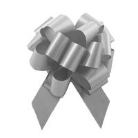Silver pom style pull bow shown fully gathered, with looped smooth poly ribbon and two pointed tail streamers