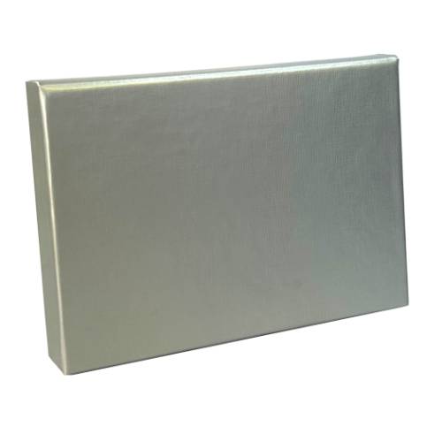 Silver Linen pop-up gift card box 4 5/8" x 3 3/8" x 5/8" — pops open to display a gift card, silver linen-textured finish