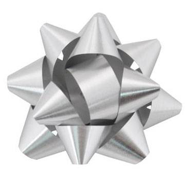 Silver metallic tone star bow — pre-made 14-loop polypropylene gift bow, metallic silver sheen, 2 3/4" diameter, 200/case