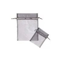 Silver organza bag 3x4 - sheer drawstring pouch in a pale pewter-grey weave with a subtle shimmer, shown upright with a second bag laid in front