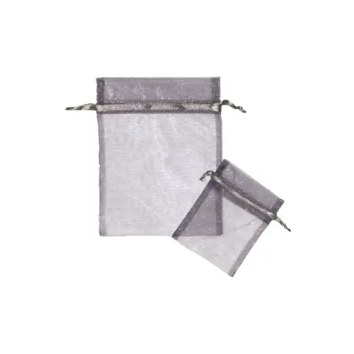Silver organza bag 3x4 - sheer drawstring pouch in a pale pewter-grey weave with a subtle shimmer, shown upright with a second bag laid in front