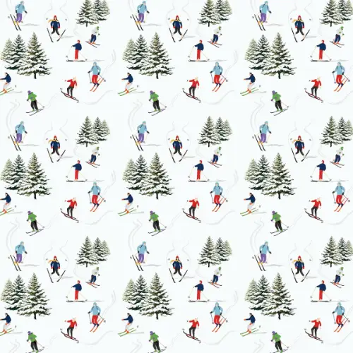 Skiers Gift Wrap Paper with vintage skiers in colorful gear among snowy pines on white