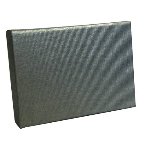 Slate Ribbed gift card box shown closed — cool slate gray with a fine ribbed texture and silvery satin sheen, slim pop-up box