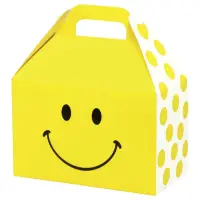 Smiley large gable box — bright yellow smiley face, die-cut top carry handle