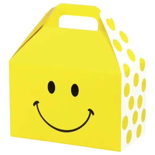 Smiley large gable box — bright yellow smiley face, die-cut top carry handle