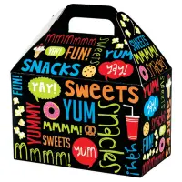 Snack Attack large gable box — black with colorful SWEETS and YUM snack graphics, die-cut top carry handle