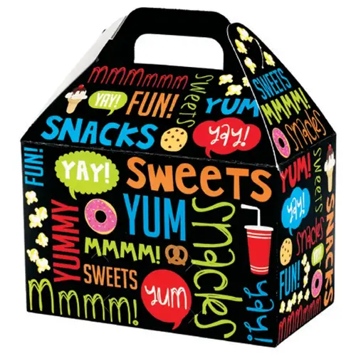 Snack Attack large gable box — black with colorful SWEETS and YUM snack graphics, die-cut top carry handle