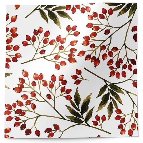 Snow berries tissue paper with red berry branches and leaves on white