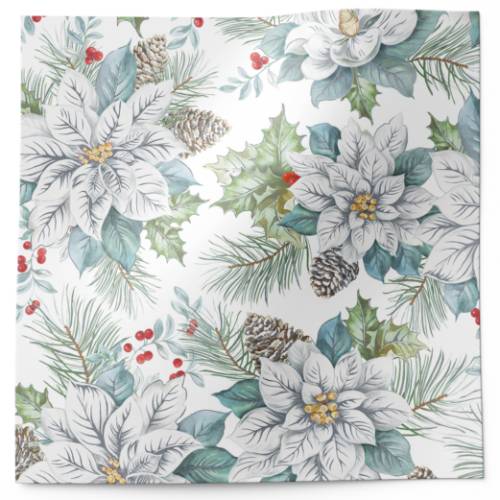 Snowdrift floral tissue paper with watercolor white poinsettias and holly on white