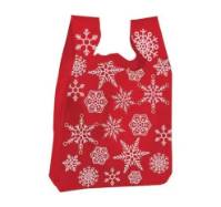 Snowflakes T-shirt bag — red hi-density poly with white snowflake print, die-cut handles, made in USA