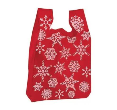 Snowflakes T-shirt bag — red hi-density poly with white snowflake print, die-cut handles, made in USA