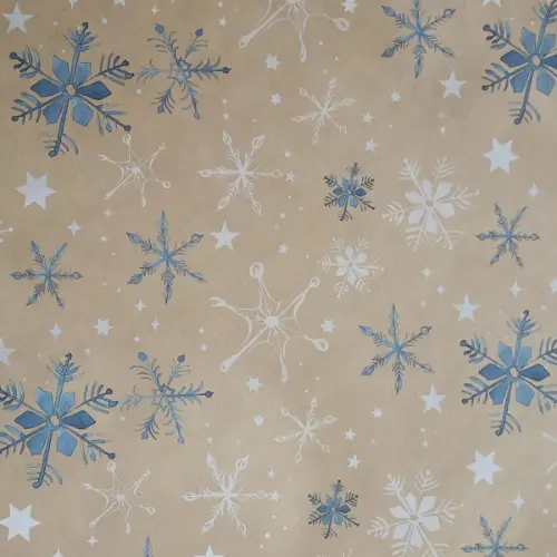 Snowflakes and Stars Gift Wrap Paper with watercolor blue and white snowflakes and stars on natural kraft
