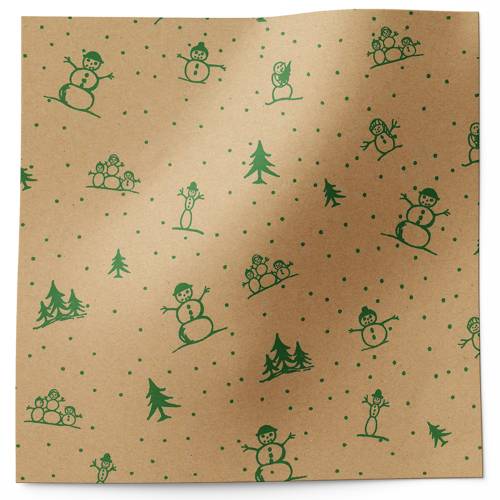 Snowman Collection Printed Tissue Paper — Assorted green snowman illustrations with scarves and hats on kraft background