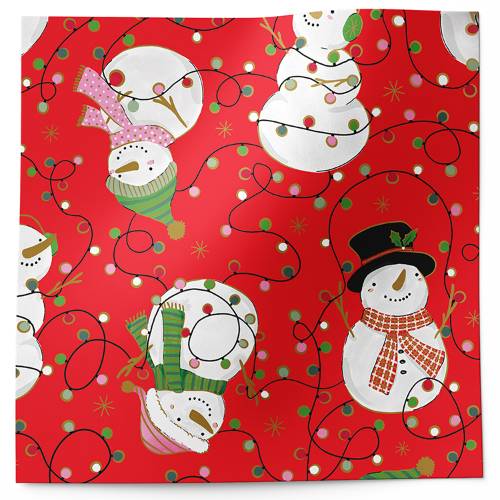 Snowmen and lights tissue paper with illustrated snowmen and string lights on red
